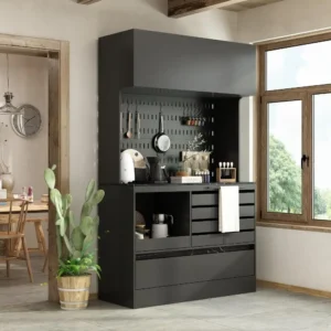 Large Kitchen Pantry Storage Cabinet with Pegboard & Hutch, 78.7" Kitchen Buffet Cabinet Cupboard with 9 Drawers