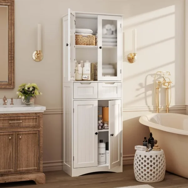 67"tall storage cabinet,freestanding kitchen pantry cabinet with glass door,2 shelves,and 2drawers.Stylish linen storage cabinet - Image 5
