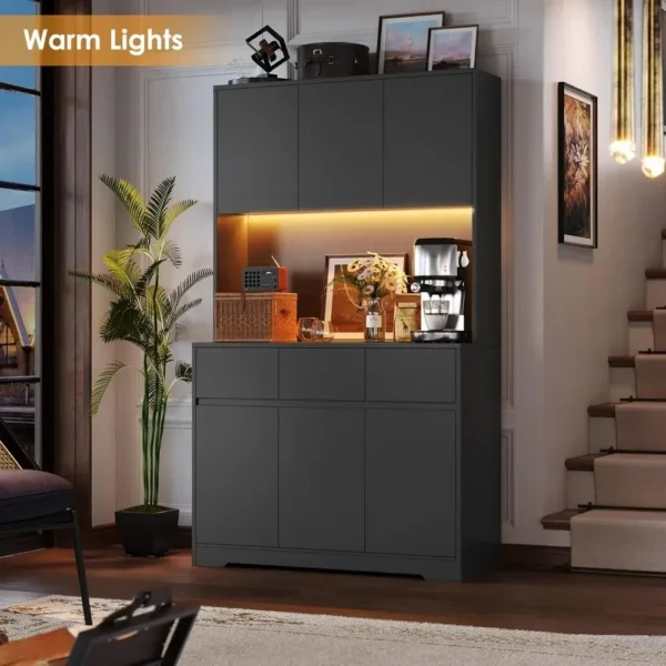 71'' Tall Kitchen Pantry Storage Cabinet with Power Outlets and Led Lights,Large Kitchen Buffet Cabinet with Microwave Stand - Image 5