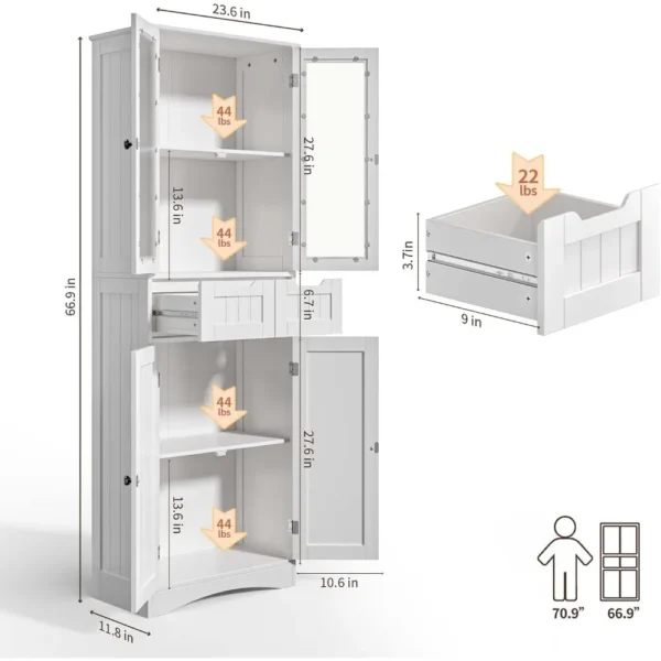 67"tall storage cabinet,freestanding kitchen pantry cabinet with glass door,2 shelves,and 2drawers.Stylish linen storage cabinet - Image 2