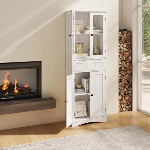 67"tall storage cabinet,freestanding kitchen pantry cabinet with glass door,2 shelves,and 2drawers.Stylish linen storage cabinet - Image 4