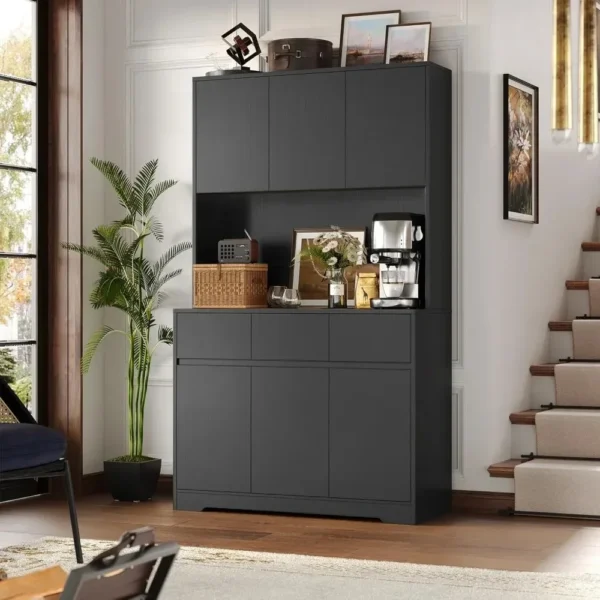 71'' Tall Kitchen Pantry Storage Cabinet with Power Outlets and Led Lights,Large Kitchen Buffet Cabinet with Microwave Stand - Image 4