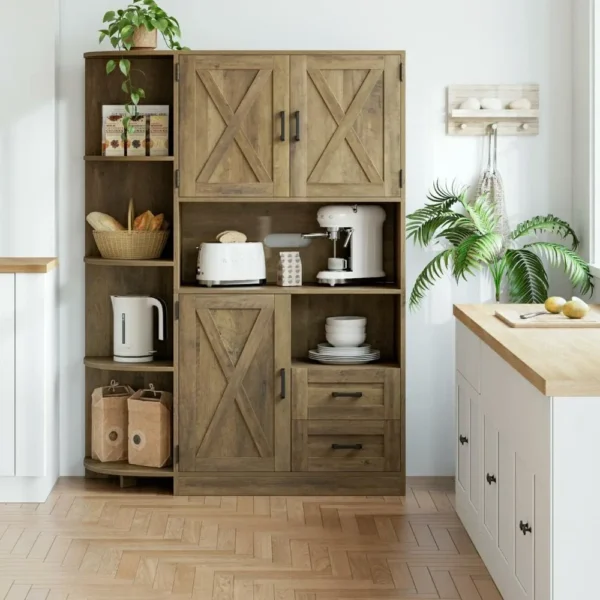 60.4" Farmhouse Kitchen Pantry Storage Cabinet, Freestanding Hutch with Doors & Shelves, Buffet Sideboard with Microwave