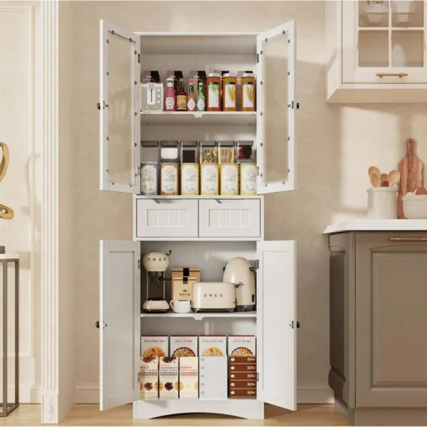 67"tall storage cabinet,freestanding kitchen pantry cabinet with glass door,2 shelves,and 2drawers.Stylish linen storage cabinet