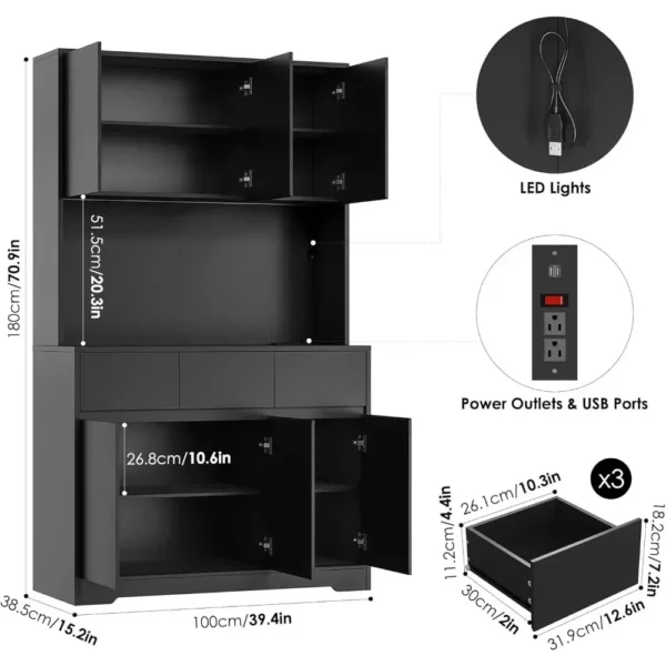 71'' Tall Kitchen Pantry Storage Cabinet with Power Outlets and Led Lights,Large Kitchen Buffet Cabinet with Microwave Stand - Image 2