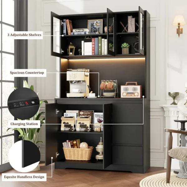 71" Kitchen Pantry Cabinet, with LED Lights and Charging, Hutch Cabinet with Storage and Microwave Stand, Pantry Cabinet - Image 4
