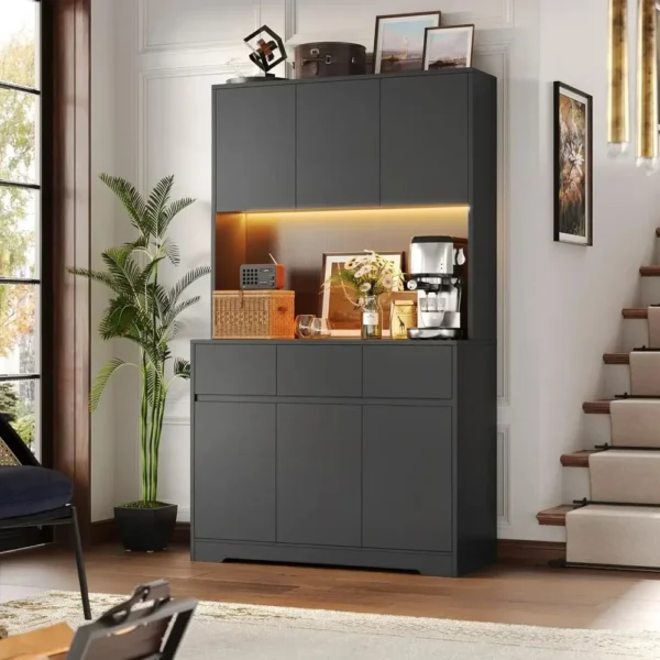 71'' Tall Kitchen Pantry Storage Cabinet with Power Outlets and Led Lights,Large Kitchen Buffet Cabinet with Microwave Stand