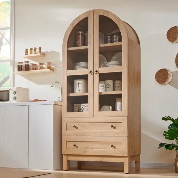 71" Tall Arched Kitchen Pantry, Modern Farmhouse Wood Kitchen Storage Cabinets with 2 Large Drawers and Adjustable Shelves, Vers