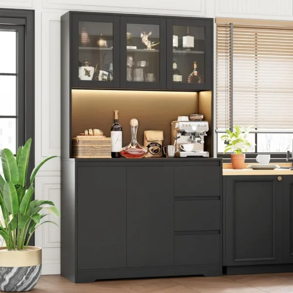 71" Kitchen Pantry Cabinet, with LED Lights and Charging, Hutch Cabinet with Storage and Microwave Stand, Pantry Cabinet