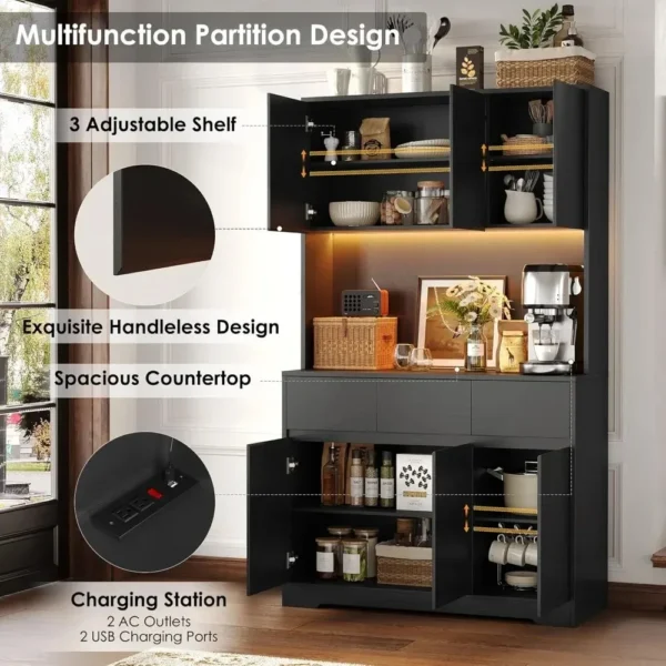 71'' Tall Kitchen Pantry Storage Cabinet with Power Outlets and Led Lights,Large Kitchen Buffet Cabinet with Microwave Stand - Image 6