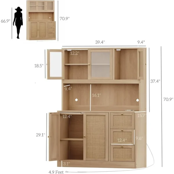 70.9''Kitchen Pantry Cabinet,Kitchen Hutch with Microwave Stand Charging Station,Farmhouse Tall Storage Cabinet with Countertop - Image 3