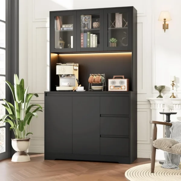 71" Kitchen Pantry Cabinet, with LED Lights and Charging, Hutch Cabinet with Storage and Microwave Stand, Pantry Cabinet - Image 2