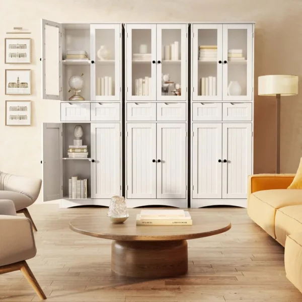 67"tall storage cabinet,freestanding kitchen pantry cabinet with glass door,2 shelves,and 2drawers.Stylish linen storage cabinet - Image 3
