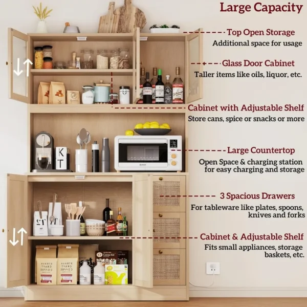 70.9''Kitchen Pantry Cabinet,Kitchen Hutch with Microwave Stand Charging Station,Farmhouse Tall Storage Cabinet with Countertop - Image 5